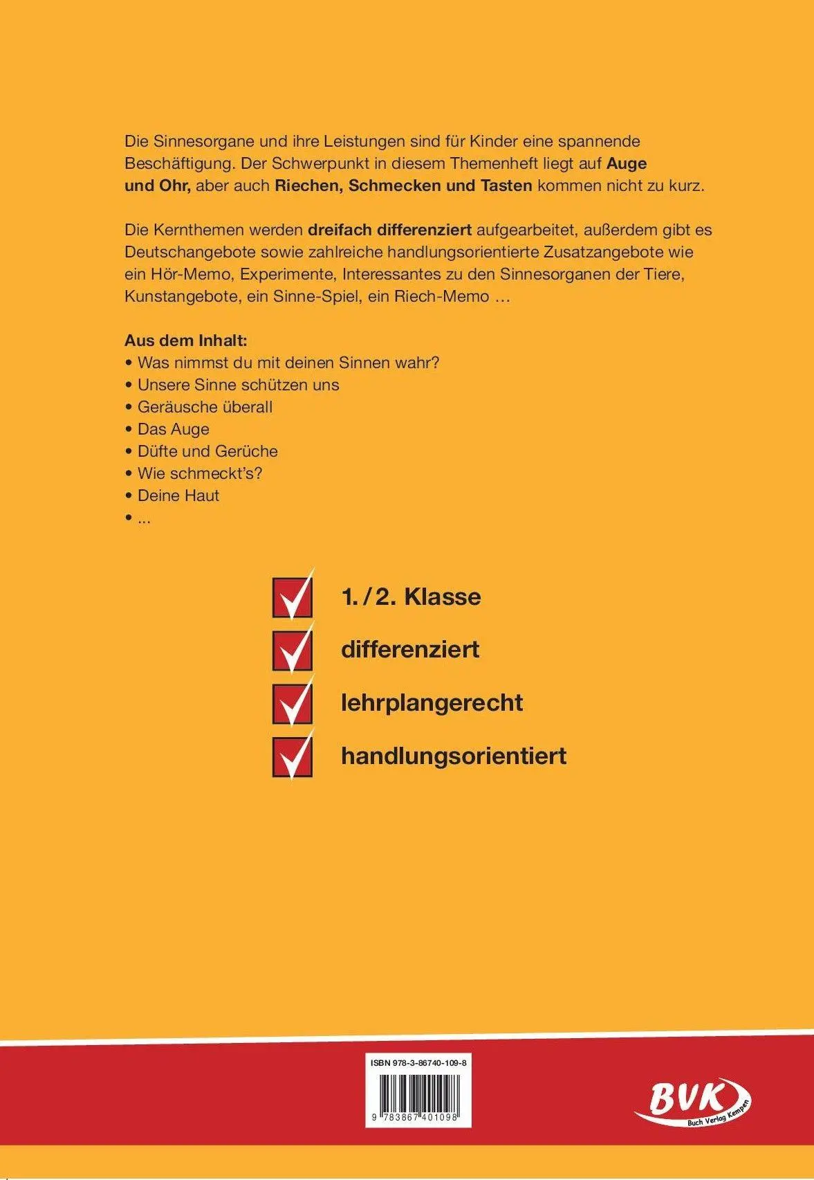 Rückseite: 9783867401098 | Themenheft "Unsere Sinne" 1./2. Klasse | Alice Undorf | Broschüre