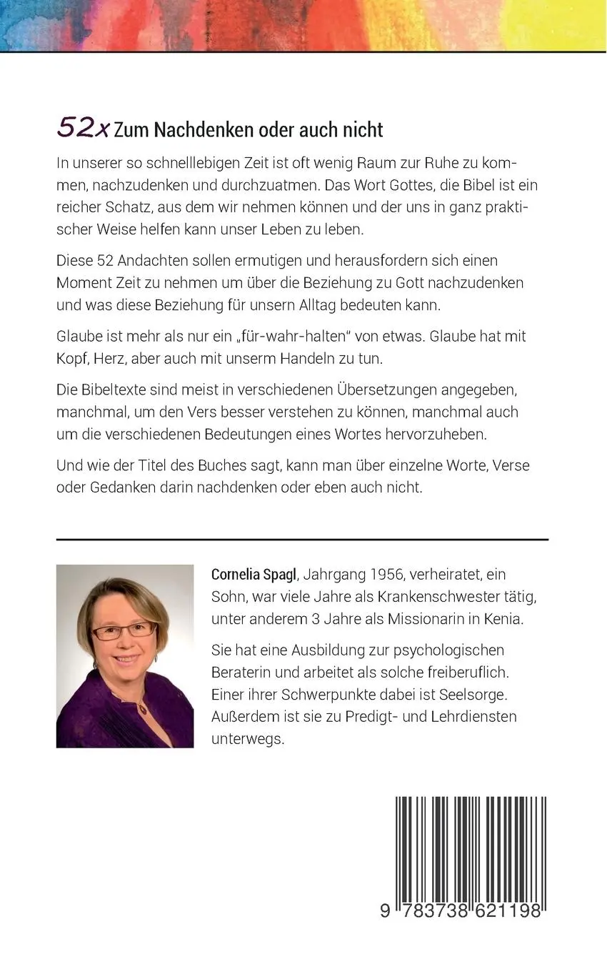 Rückseite: 9783738621198 | 52x Zum Nachdenken oder auch nicht | Andachtsbuch | Cornelia Spagl