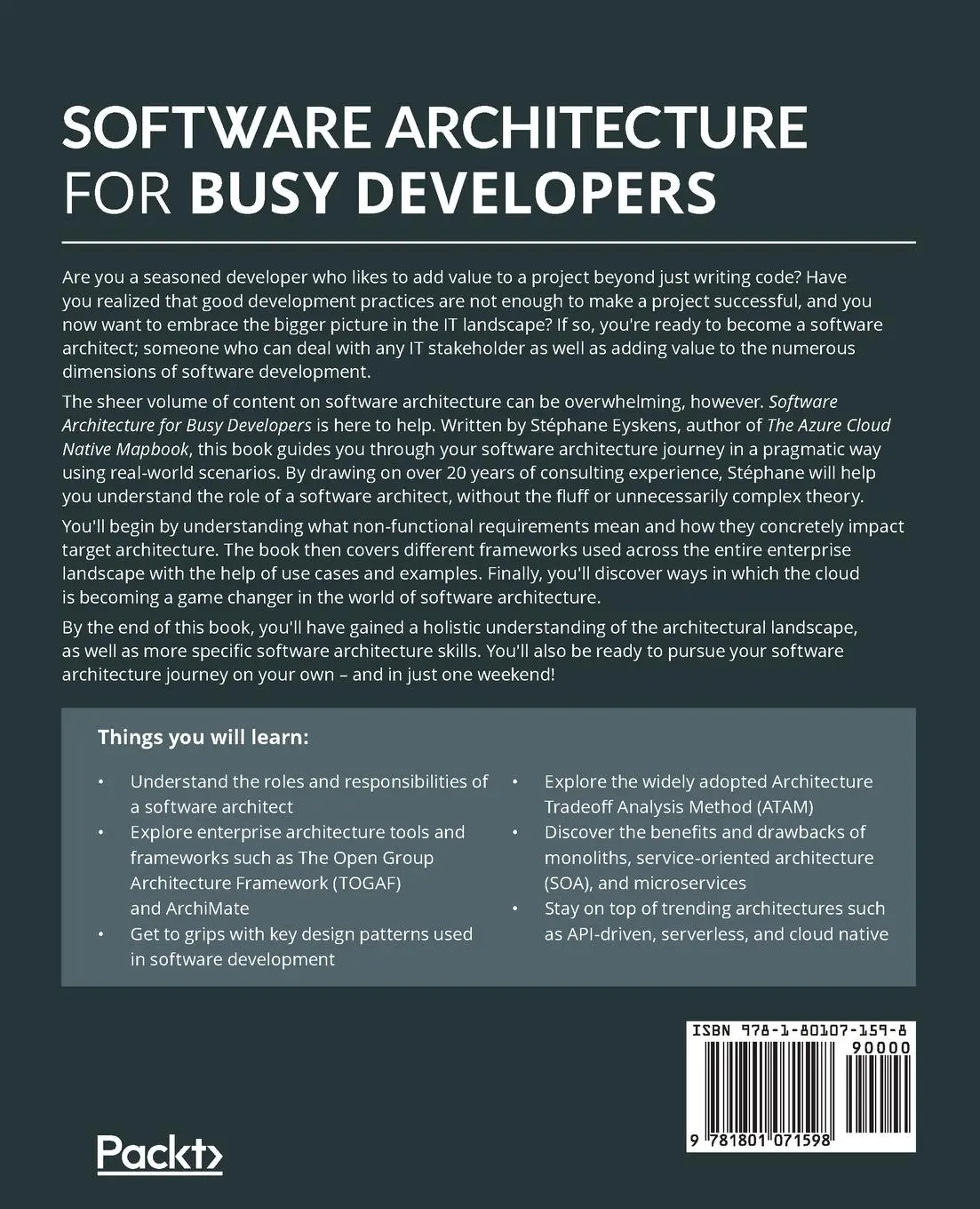 Rückseite: 9781801071598 | Software Architecture for Busy Developers | Stéphane Eyskens | Buch