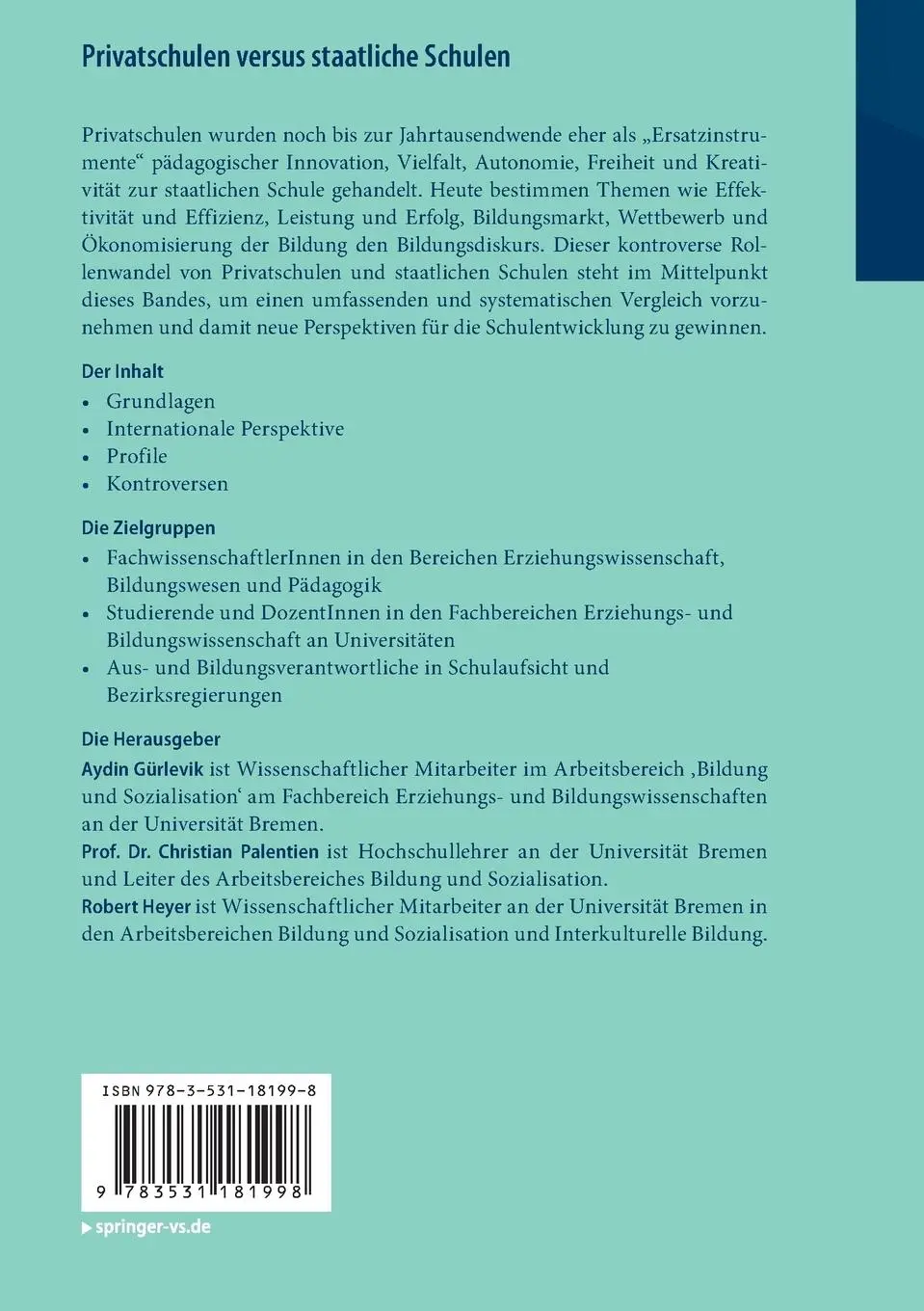 Rückseite: 9783531181998 | Privatschulen versus staatliche Schulen | Aydin Gürlevik (u. a.) | vi
