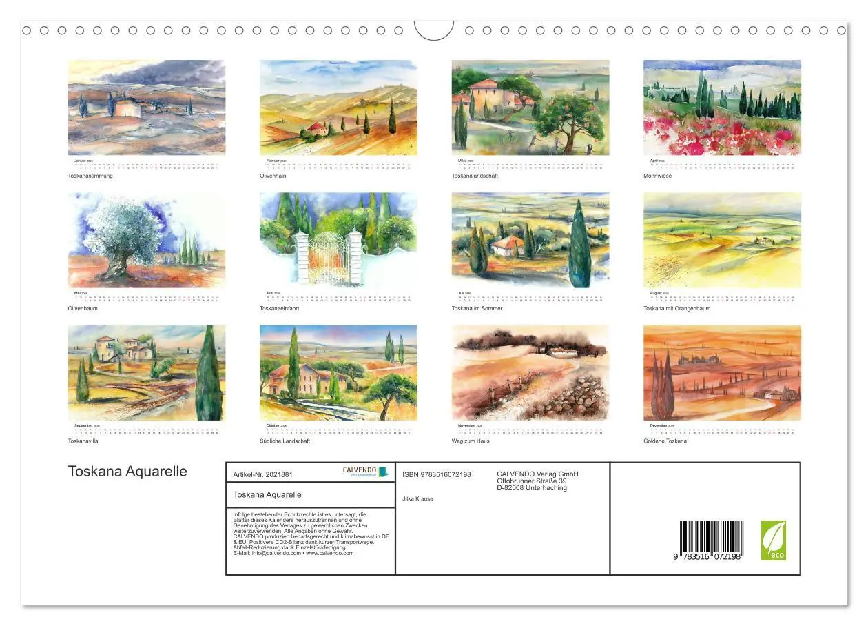 Bild: 9783516072198 | Toskana Aquarelle (Wandkalender 2026 DIN A3 quer), CALVENDO...