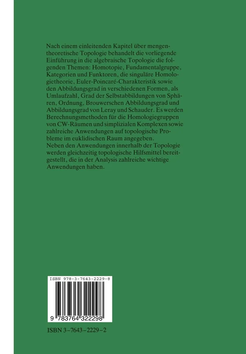 Rückseite: 9783764322298 | Algebraische Topologie | K. H. Mayer | Taschenbuch | 279 S. | Deutsch