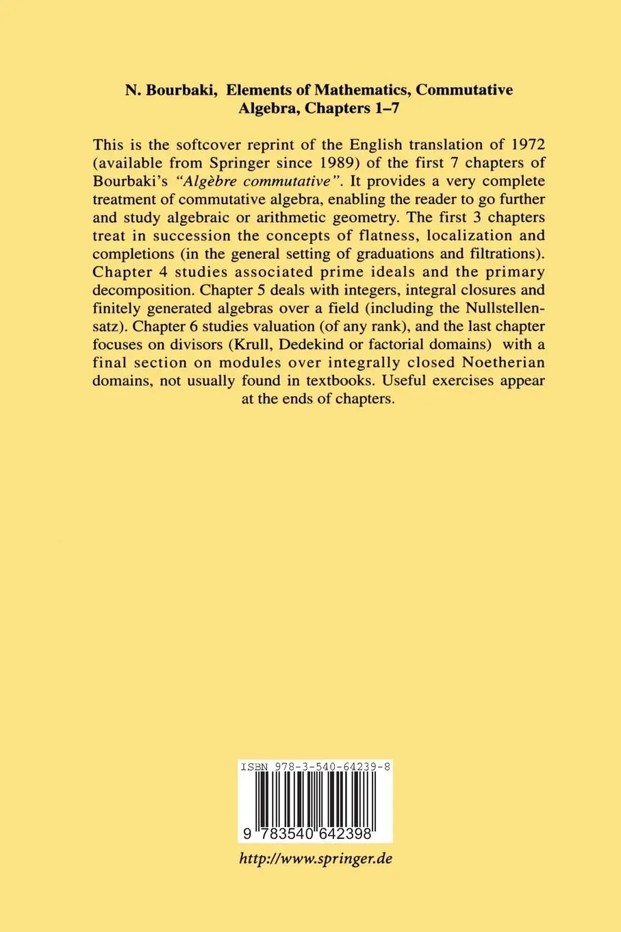 Rückseite: 9783540642398 | Commutative Algebra | Chapters 1-7 | N. Bourbaki | Taschenbuch | xxiv