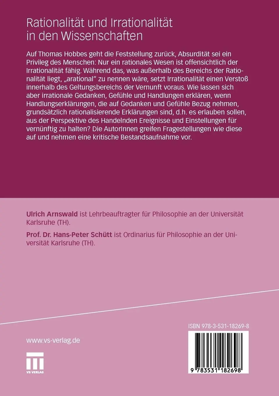 Rückseite: 9783531182698 | Rationalität und Irrationalität in den Wissenschaften | Schütt (u. a.)