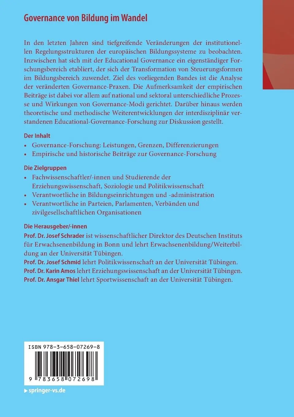 Rückseite: 9783658072698 | Governance von Bildung im Wandel | Interdisziplinäre Zugänge | Buch
