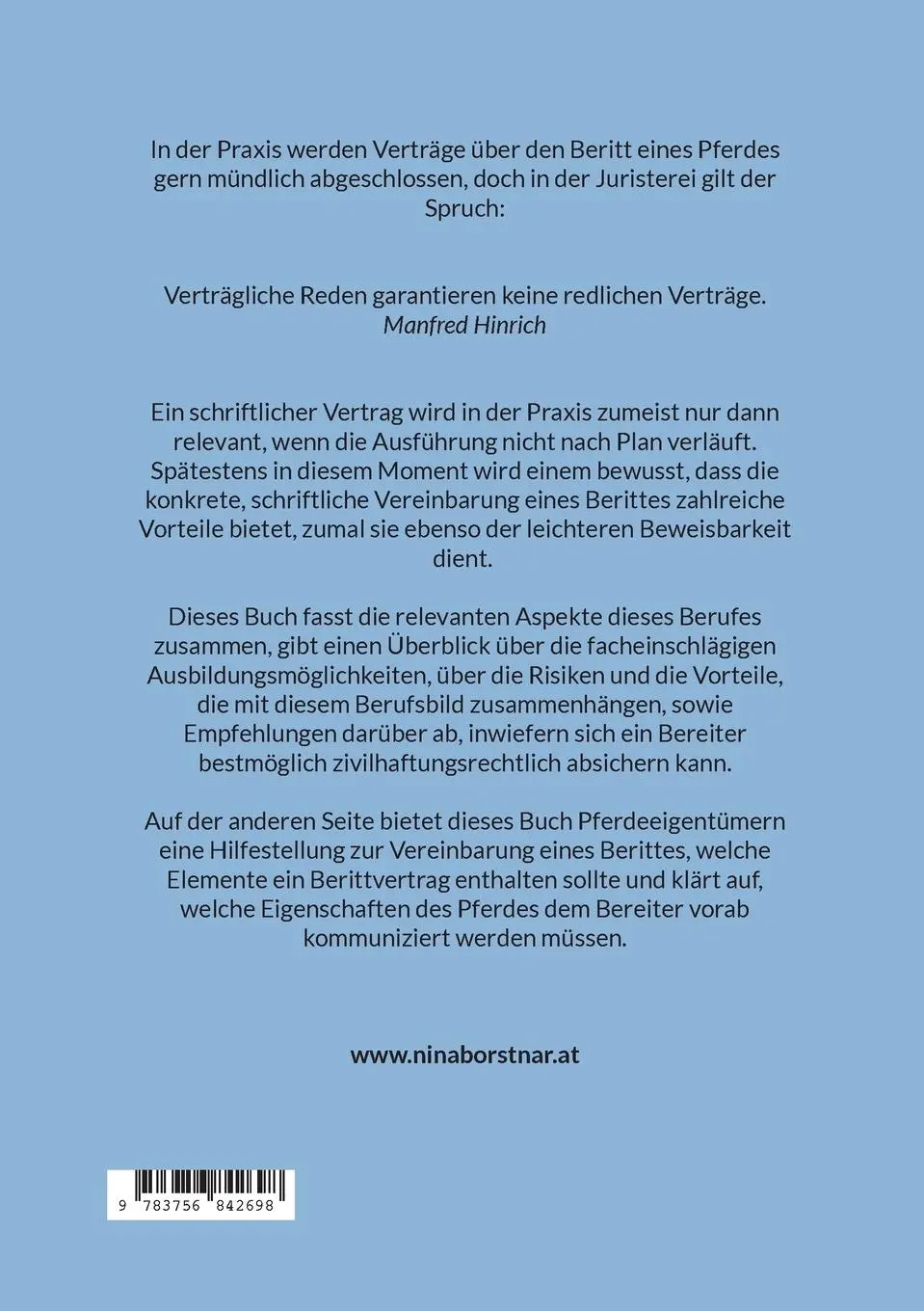 Rückseite: 9783756842698 | Die zivilrechtliche Haftung des Bereiters und der Berittvertrag | Buch
