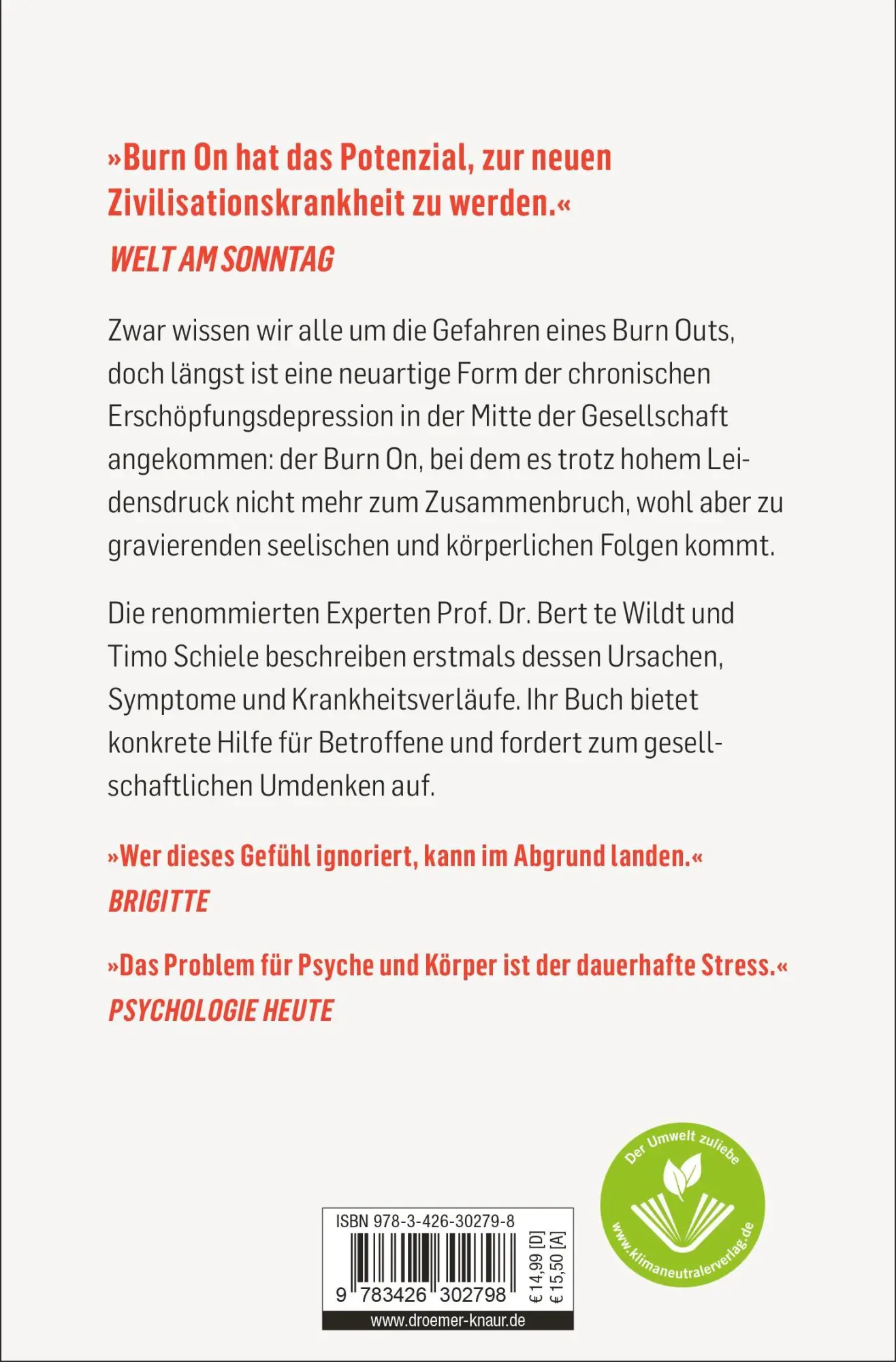Rückseite: 9783426302798 | Burn On: Immer kurz vorm Burn Out | Bert Te Wildt (u. a.) | Buch