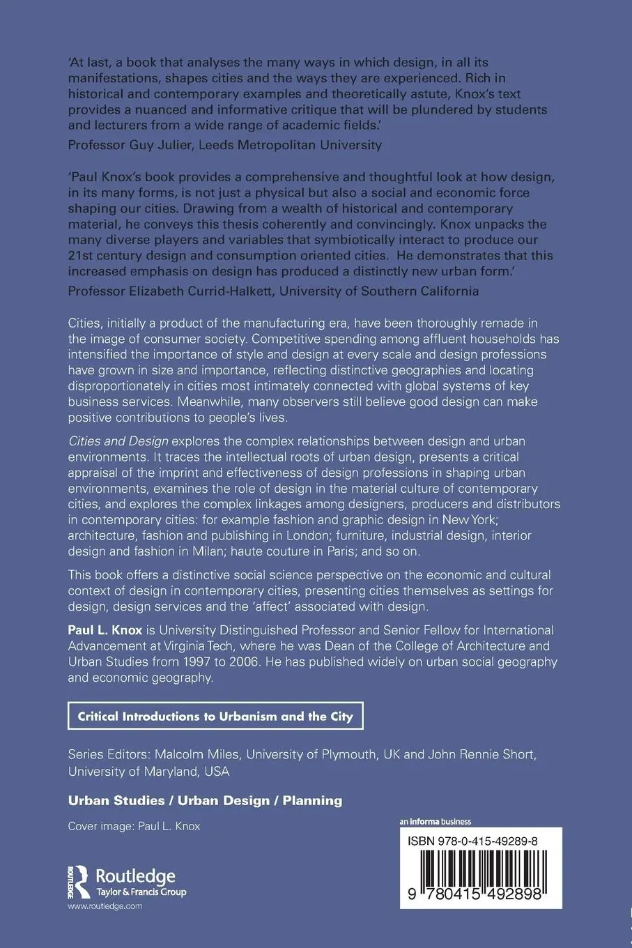 Rückseite: 9780415492898 | Cities and Design | Paul L. Knox | Taschenbuch | Englisch | 2010