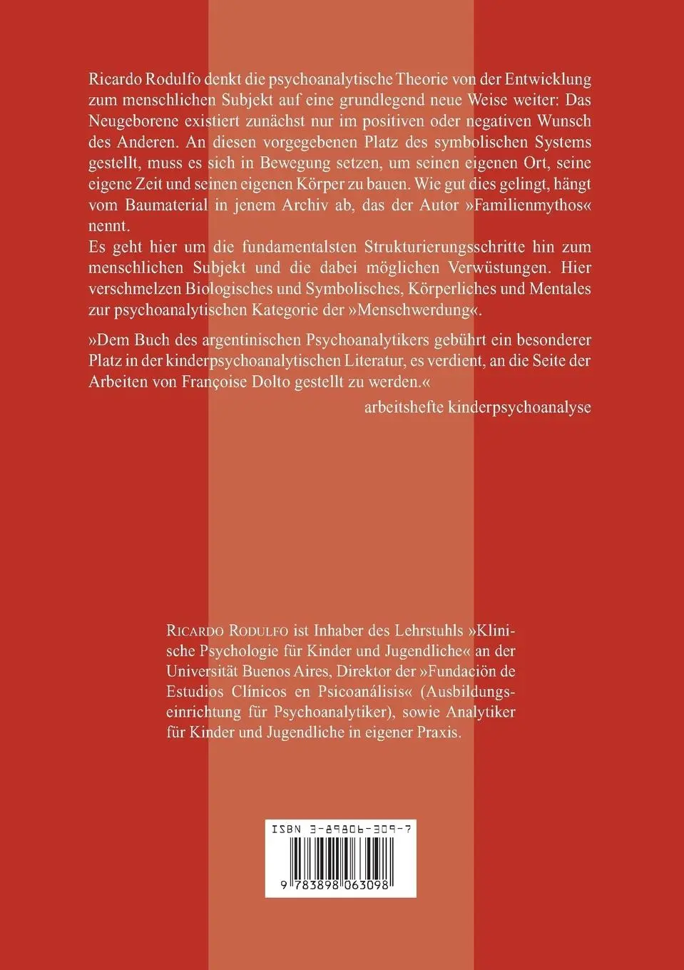 Rückseite: 9783898063098 | Die lange Geburt des Subjekts | Ricardo Rodulfo | Taschenbuch | 274 S.