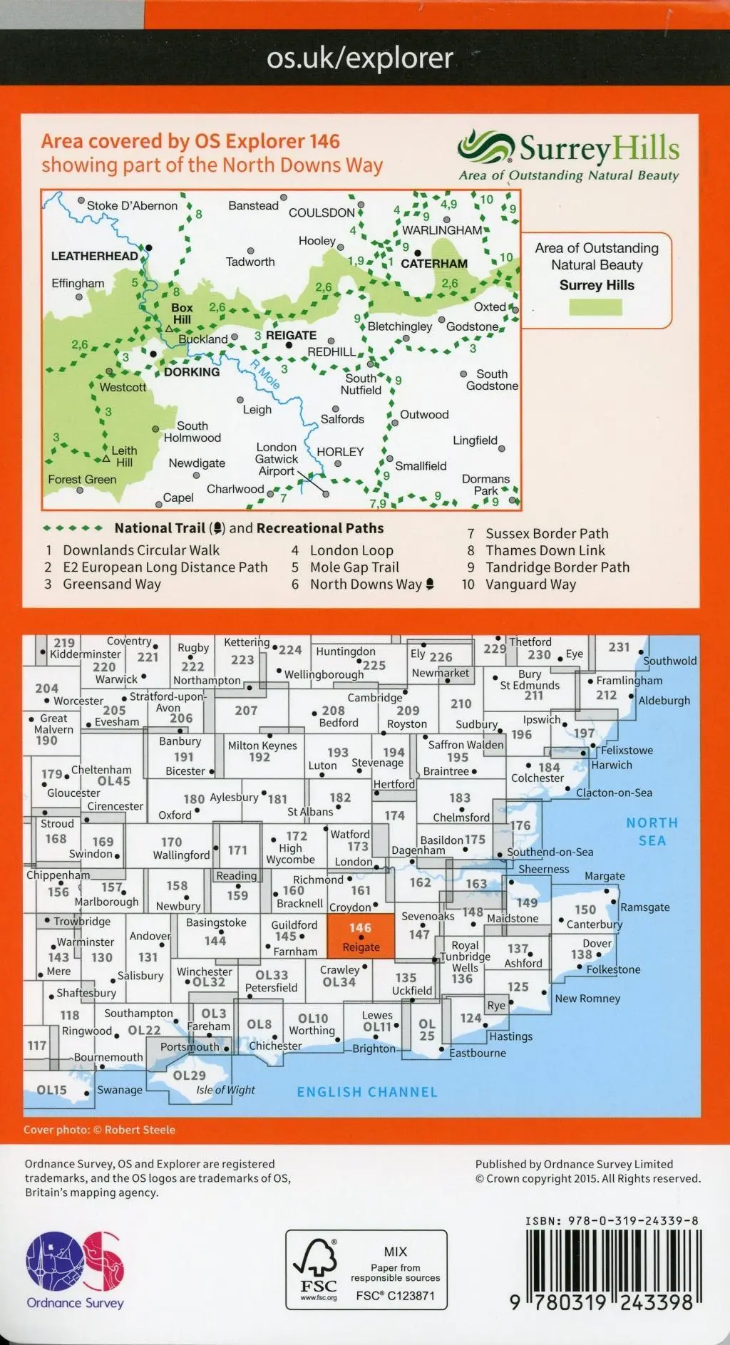 Bild: 9780319243398 | Dorking, Box Hill and Reigate | Ordnance Survey | (Land-)Karte | 2015