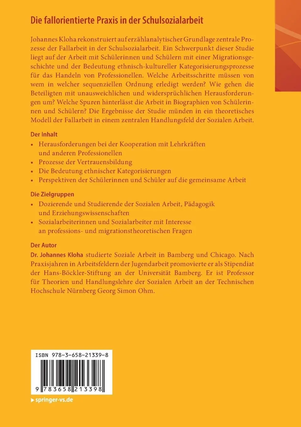 Rückseite: 9783658213398 | Die fallorientierte Praxis in der Schulsozialarbeit | Johannes Kloha