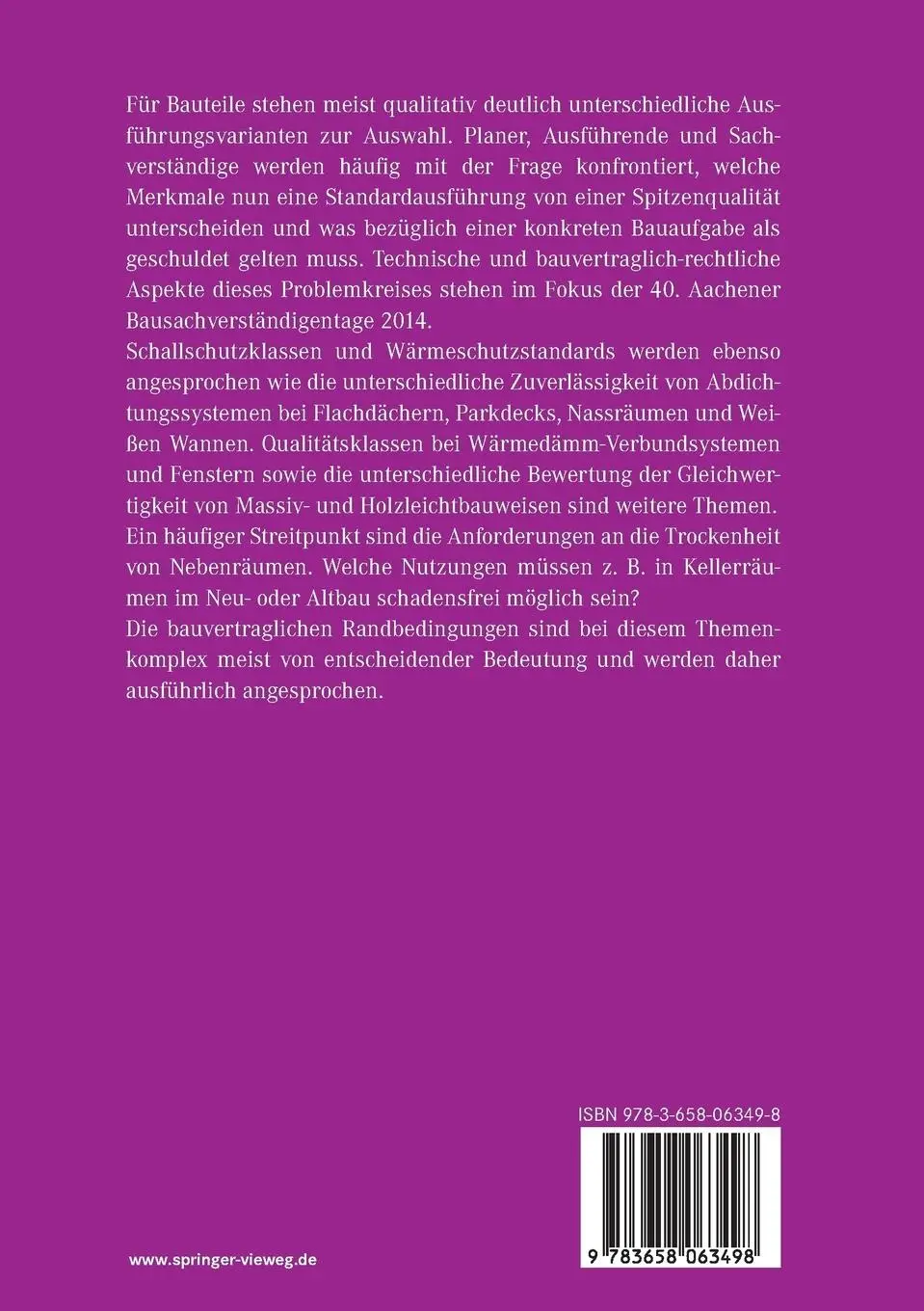 Rückseite: 9783658063498 | Aachener Bausachverständigentage 2014 | Rainer Oswald | Taschenbuch