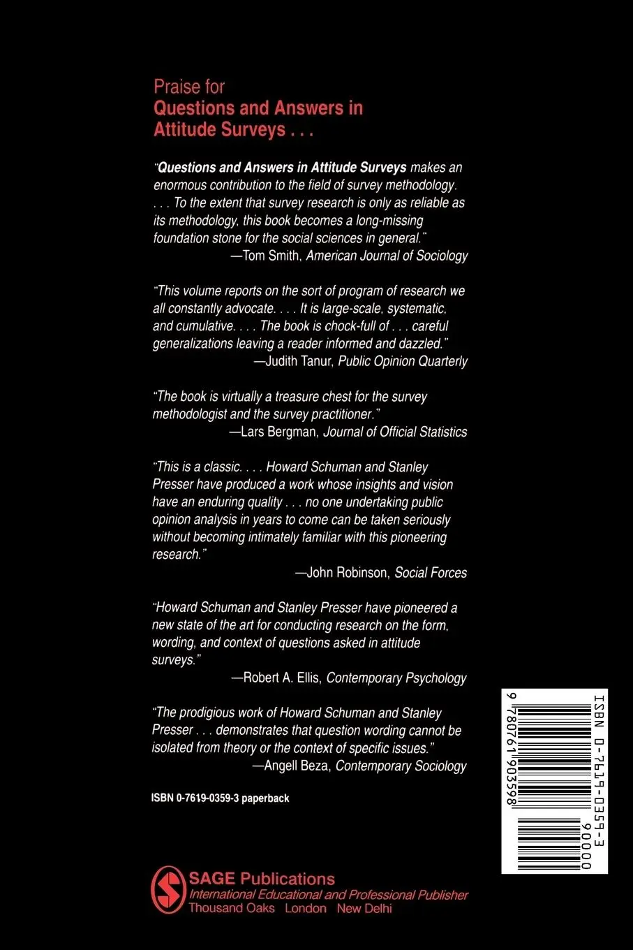 Rückseite: 9780761903598 | Questions and Answers in Attitude Surveys | Howard Schuman (u. a.)