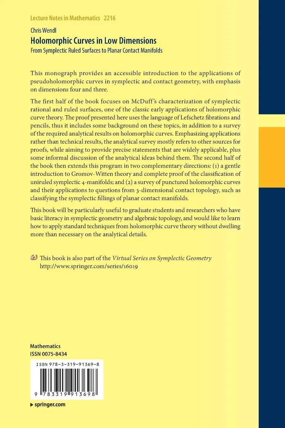 Rückseite: 9783319913698 | Holomorphic Curves in Low Dimensions | Chris Wendl | Taschenbuch