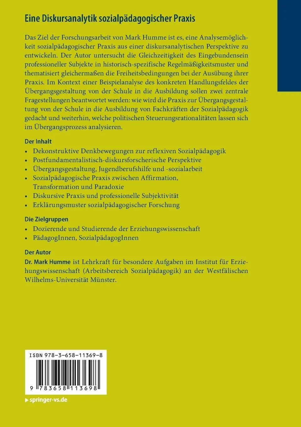 Rückseite: 9783658113698 | Eine Diskursanalytik sozialpädagogischer Praxis | Mark Humme | Buch