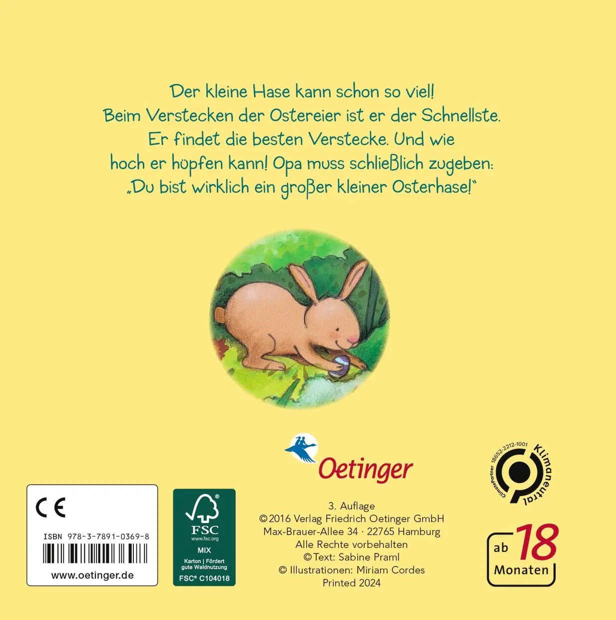 Rückseite: 9783789103698 | Mein großer kleiner Osterhase | Sabine Praml | Buch | 16 S. | Deutsch