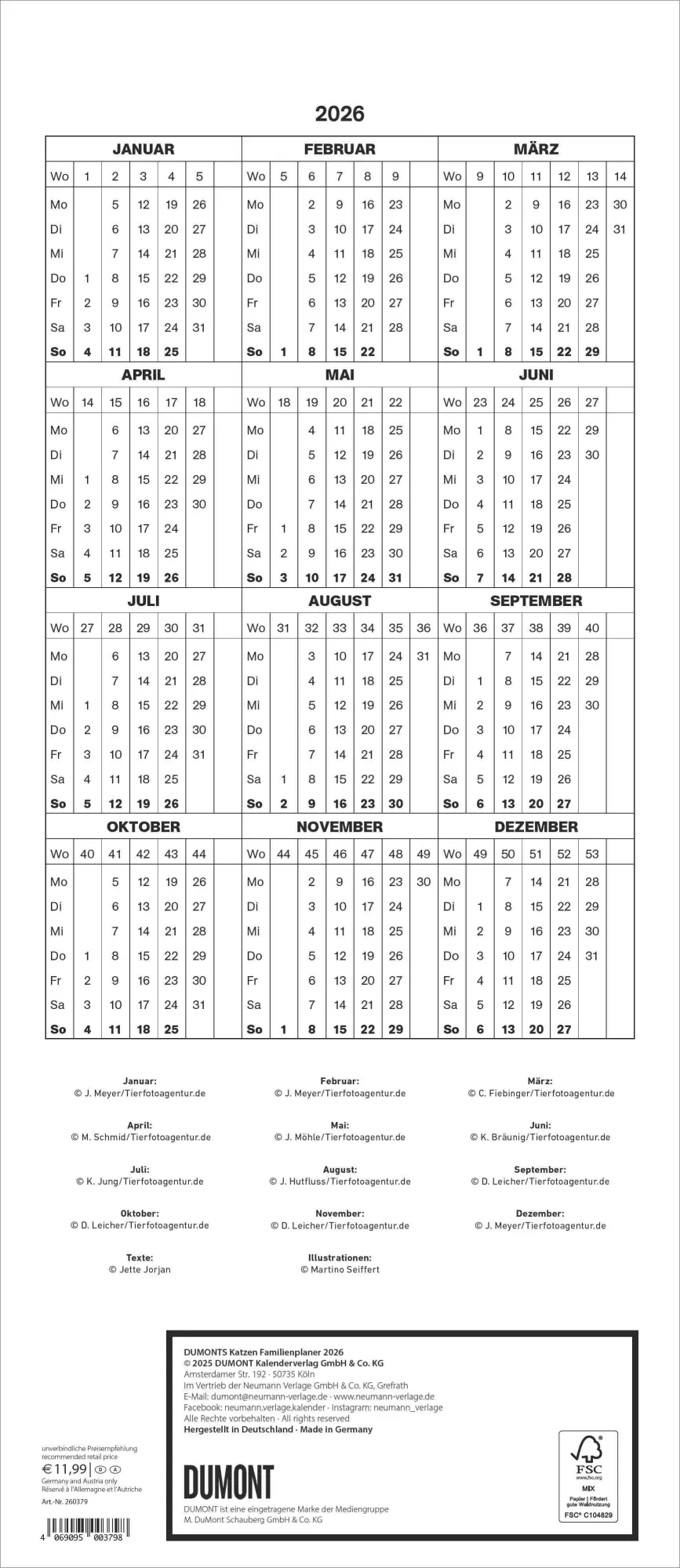 Bild: 4069095003798 | Dumonts Katzen Kalender - Familienplaner im Format 19,5 x 45 | 14 S.
