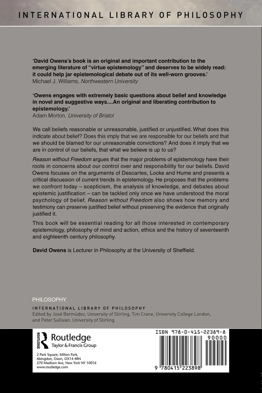 Rückseite: 9780415223898 | Reason Without Freedom | The Problem of Epistemic Normativity | Owens
