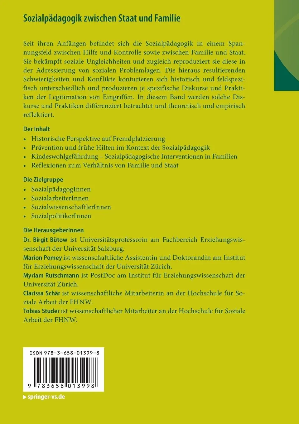 Rückseite: 9783658013998 | Sozialpädagogik zwischen Staat und Familie | Birgit Bütow (u. a.)