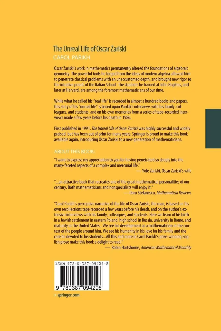 Rückseite: 9780387094298 | The Unreal Life of Oscar Zariski | Carol Parikh | Taschenbuch | xxii