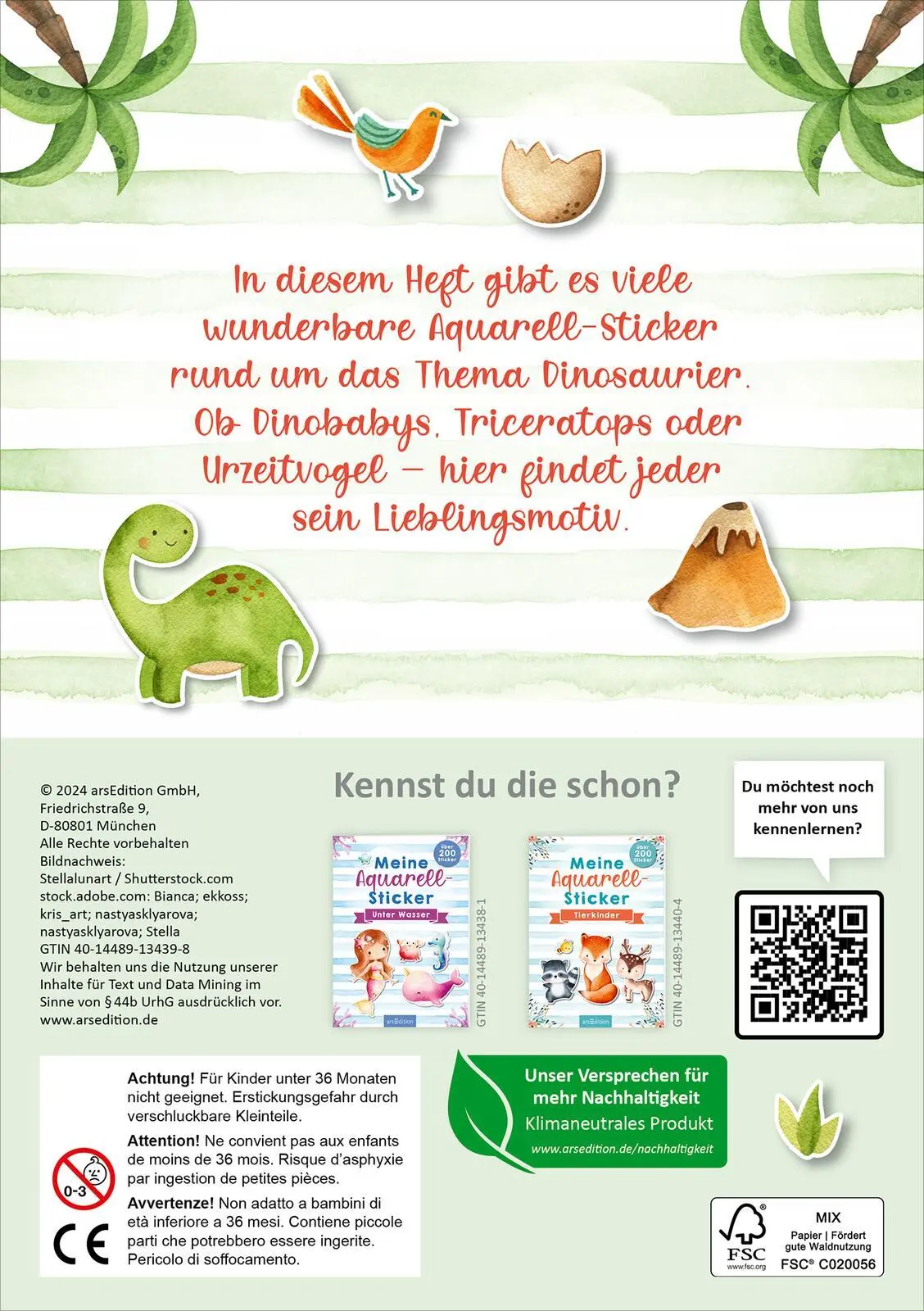 Rückseite: 4014489134398 | Meine Aquarell-Sticker - Dinosaurier | Über 200 Sticker | 16 S. | 2024