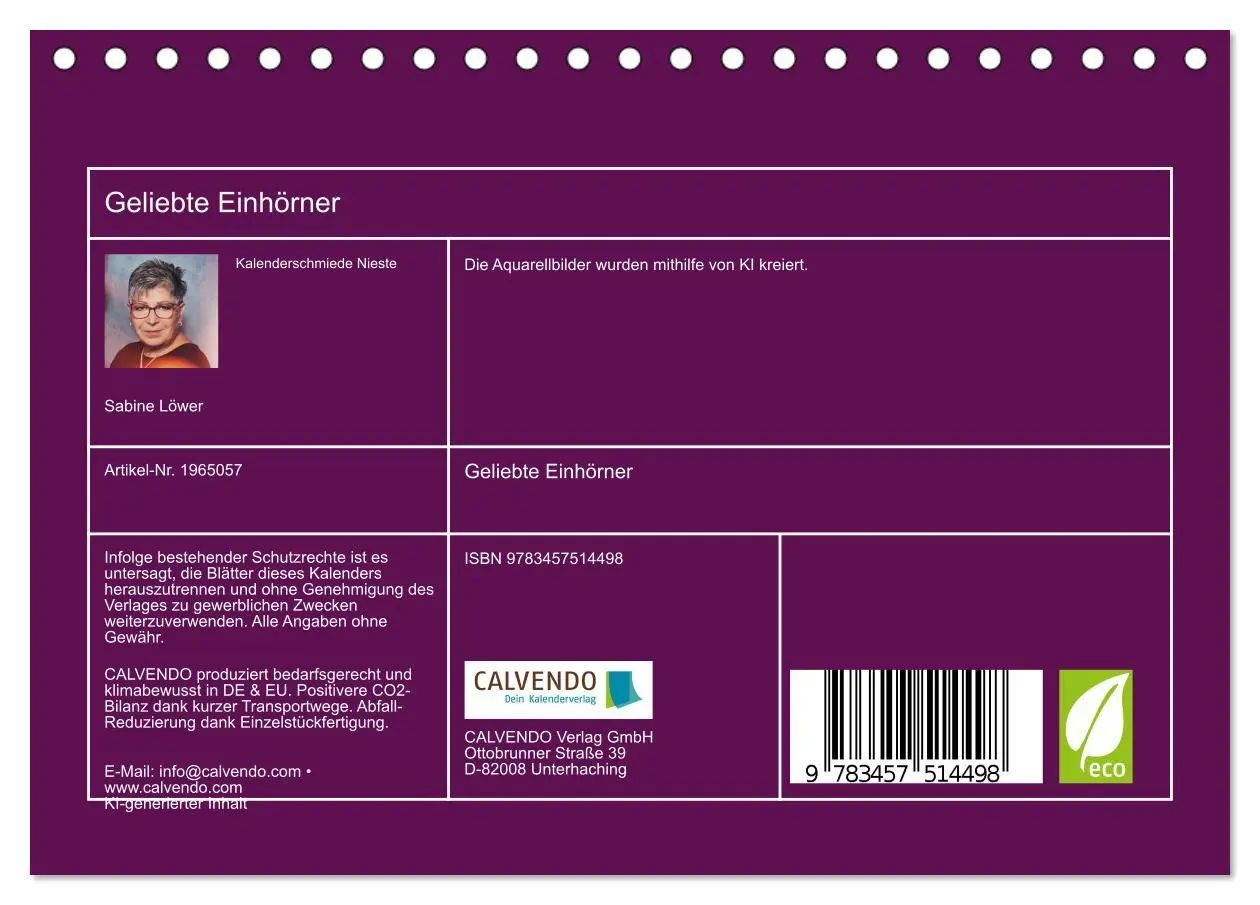 Bild: 9783457514498 | Geliebte Einhörner (Tischkalender 2026 DIN A5 quer), CALVENDO...