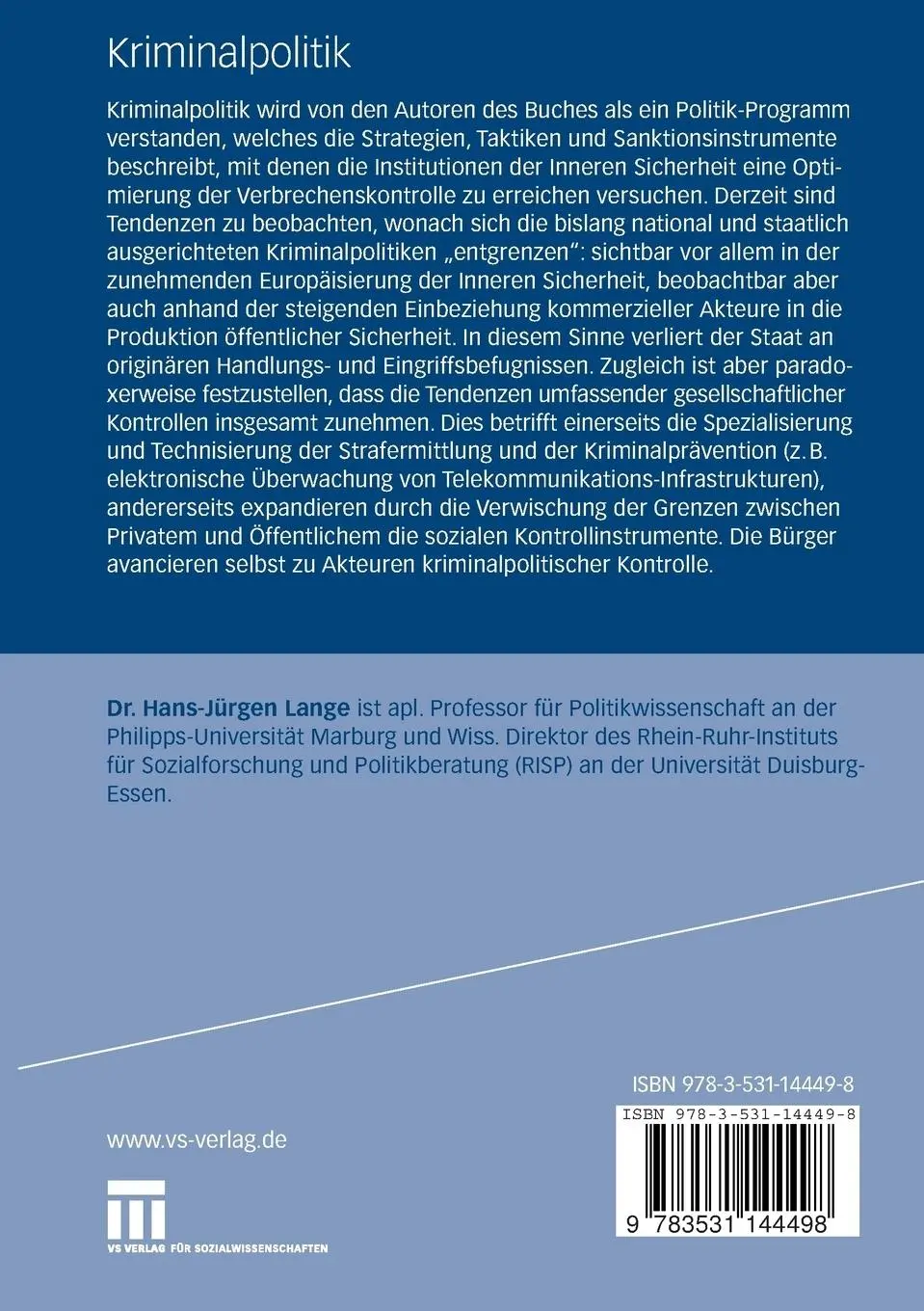 Rückseite: 9783531144498 | Kriminalpolitik | Hans-Jürgen Lange | Taschenbuch | vii | Deutsch