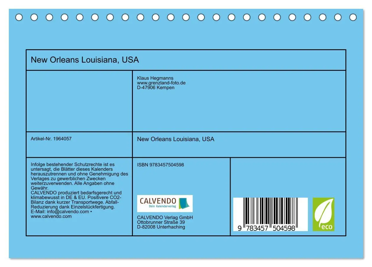 Bild: 9783457504598 | New Orleans Louisiana, USA (Tischkalender 2026 DIN A5 quer),...