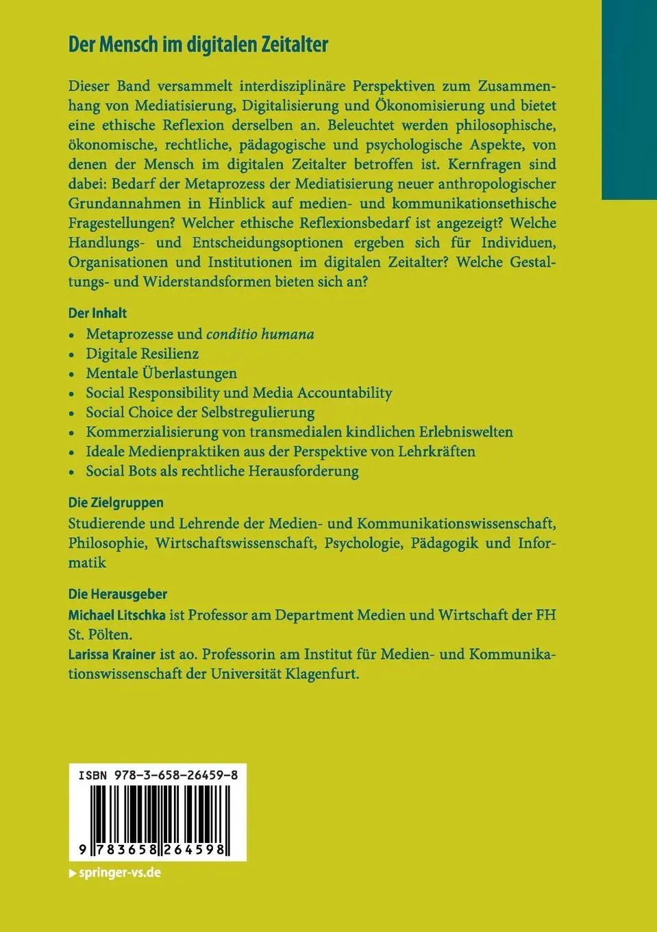 Rückseite: 9783658264598 | Der Mensch im digitalen Zeitalter | Larissa Krainer (u. a.) | Buch