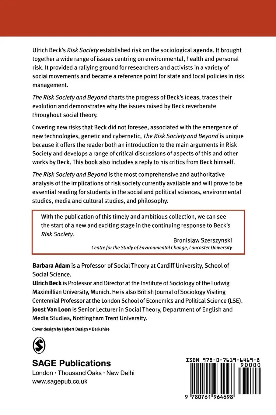 Rückseite: 9780761964698 | The Risk Society and Beyond | Critical Issues for Social Theory | Buch