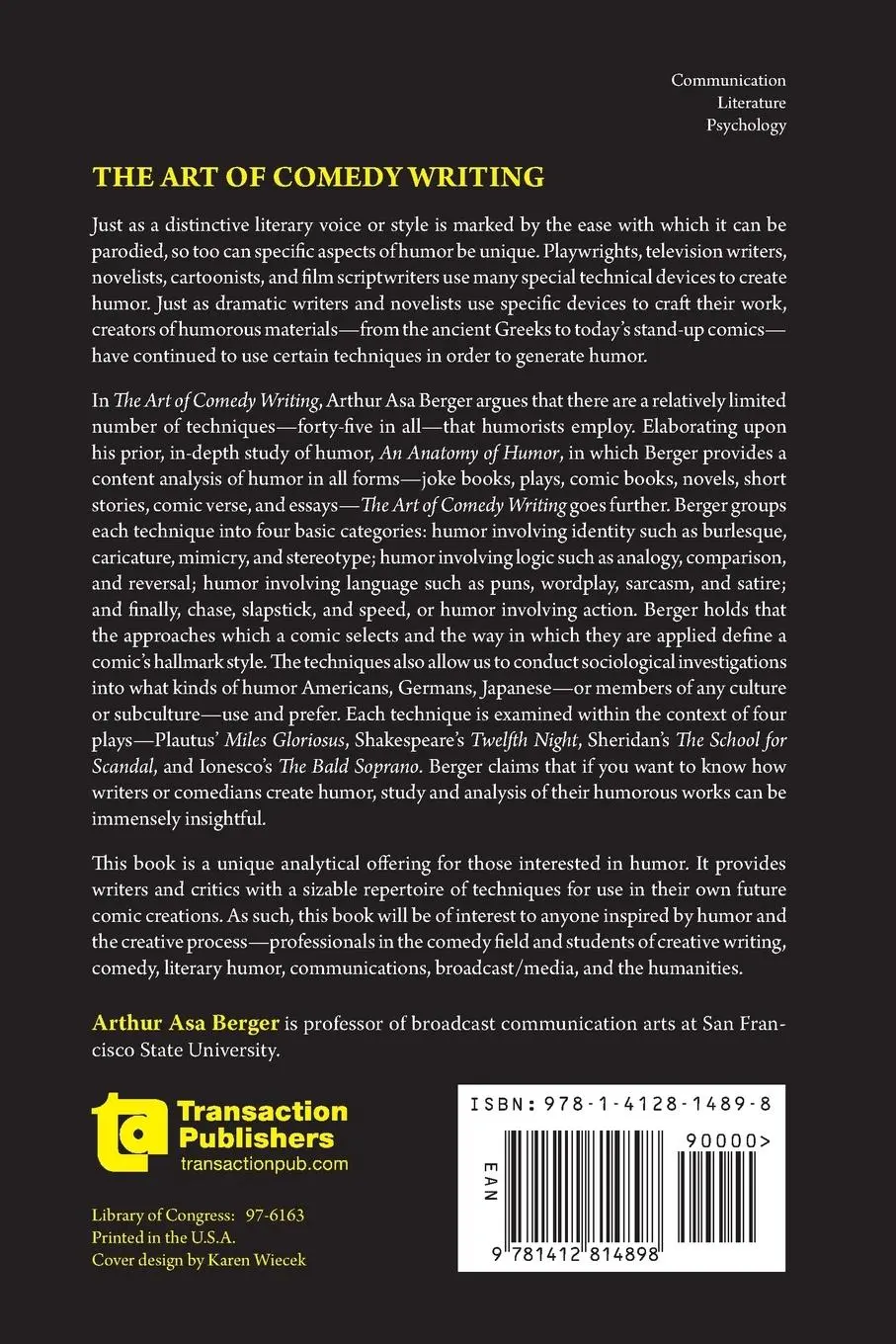 Rückseite: 9781412814898 | The Art of Comedy Writing | Arthur Asa Berger | Taschenbuch | Englisch