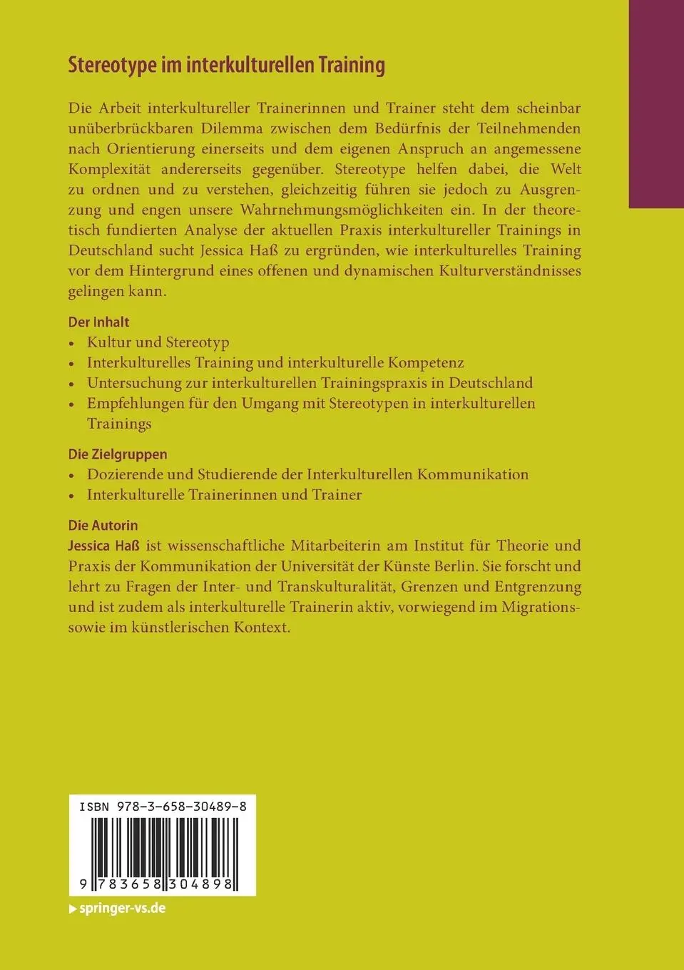 Rückseite: 9783658304898 | Stereotype im interkulturellen Training | Jessica Haß | Taschenbuch
