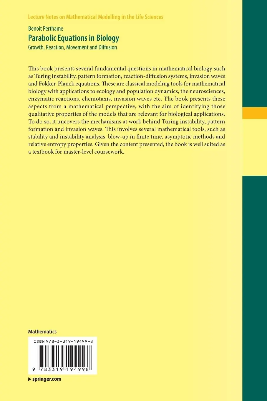 Rückseite: 9783319194998 | Parabolic Equations in Biology | Benoît Perthame | Taschenbuch | xii