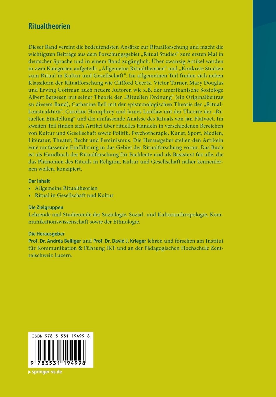 Rückseite: 9783531194998 | Ritualtheorien | Ein einführendes Handbuch | David J. Krieger (u. a.)
