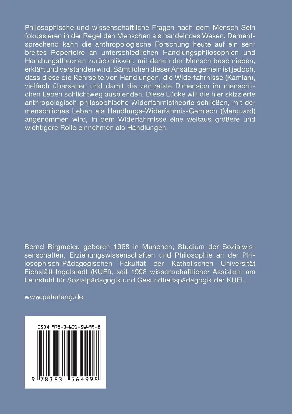 Rückseite: 9783631564998 | Handlung und Widerfahrnis | Bernd R. Birgmeier | Taschenbuch | 280 S.