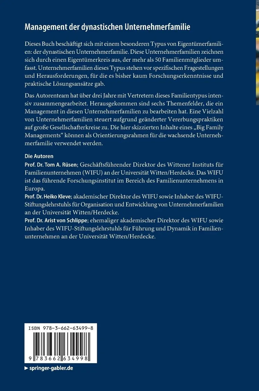 Rückseite: 9783662634998 | Management der dynastischen Unternehmerfamilie | Tom A. Rüsen (u. a.)