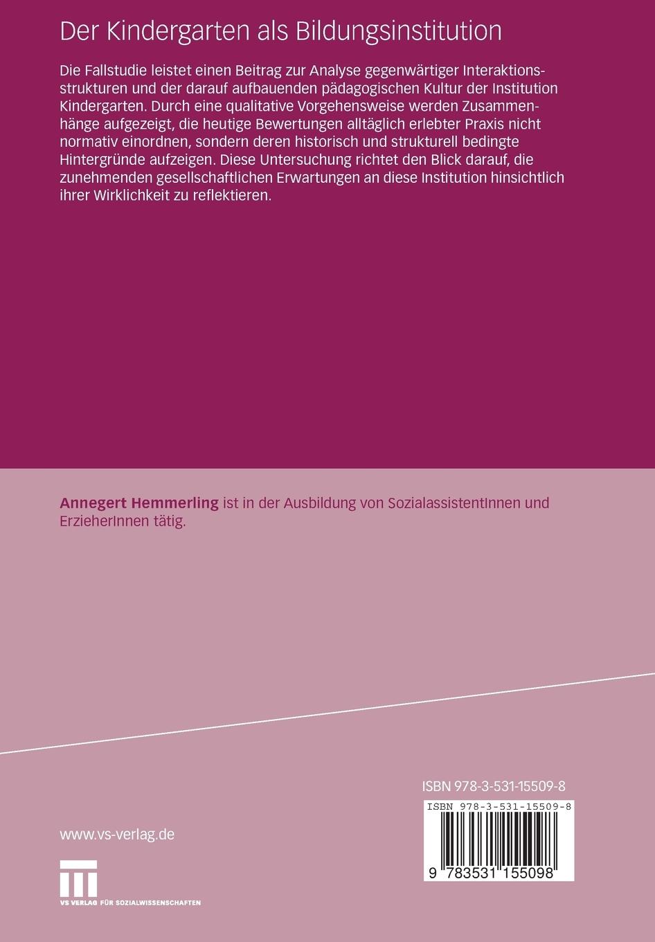 Rückseite: 9783531155098 | Der Kindergarten als Bildungsinstitution | Annegret Hemmerling | Buch