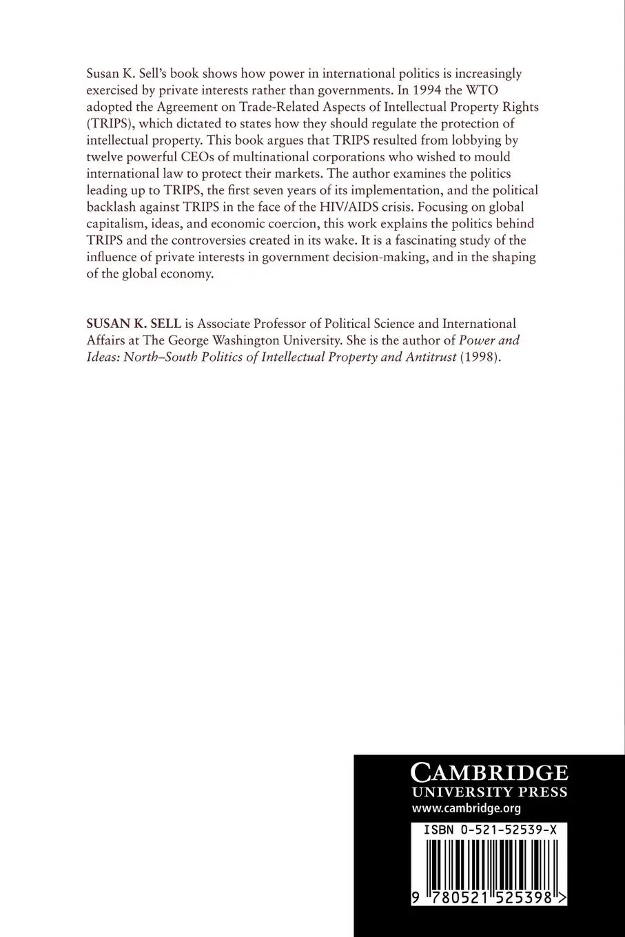 Rückseite: 9780521525398 | Private Power, Public Law | Susan Sell | Taschenbuch | Englisch | 2005