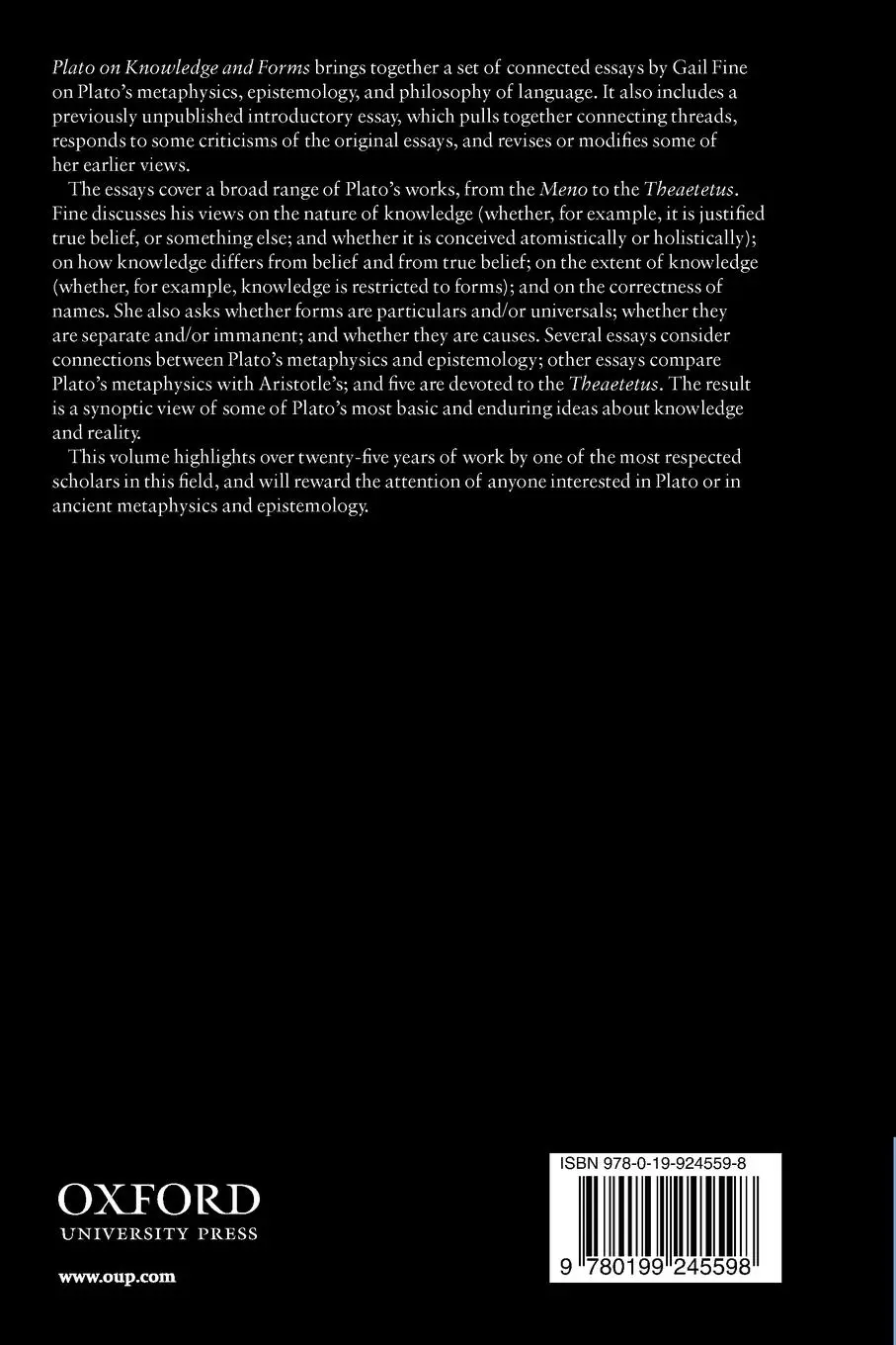 Rückseite: 9780199245598 | Plato on Knowledge and Forms | Selected Essays | Gail Fine | Buch