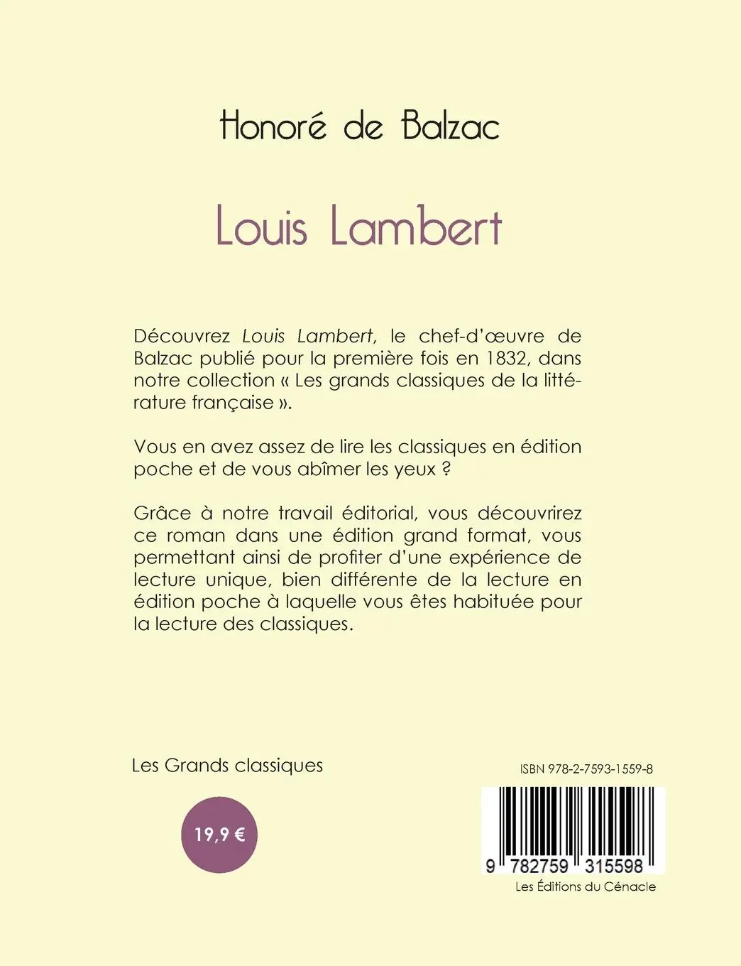 Rückseite: 9782759315598 | Louis Lambert de Balzac (édition grand format) | Honoré de Balzac