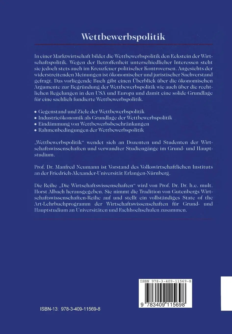 Rückseite: 9783409115698 | Wettbewerbspolitik | Geschichte, Theorie und Praxis | Manfred Neumann
