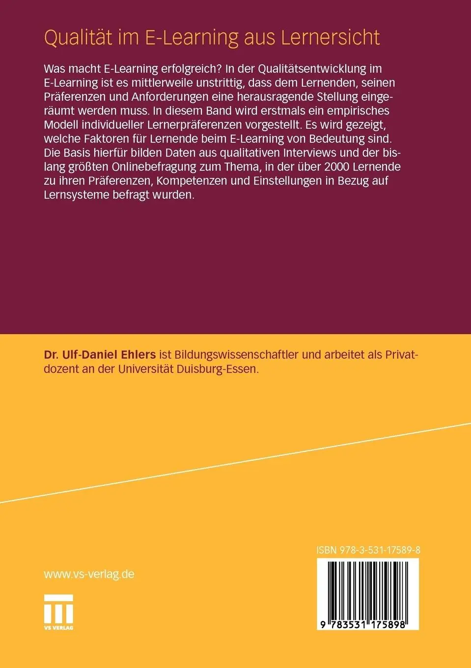 Rückseite: 9783531175898 | Qualität im E-Learning aus Lernersicht | Ulf-Daniel Ehlers | Buch
