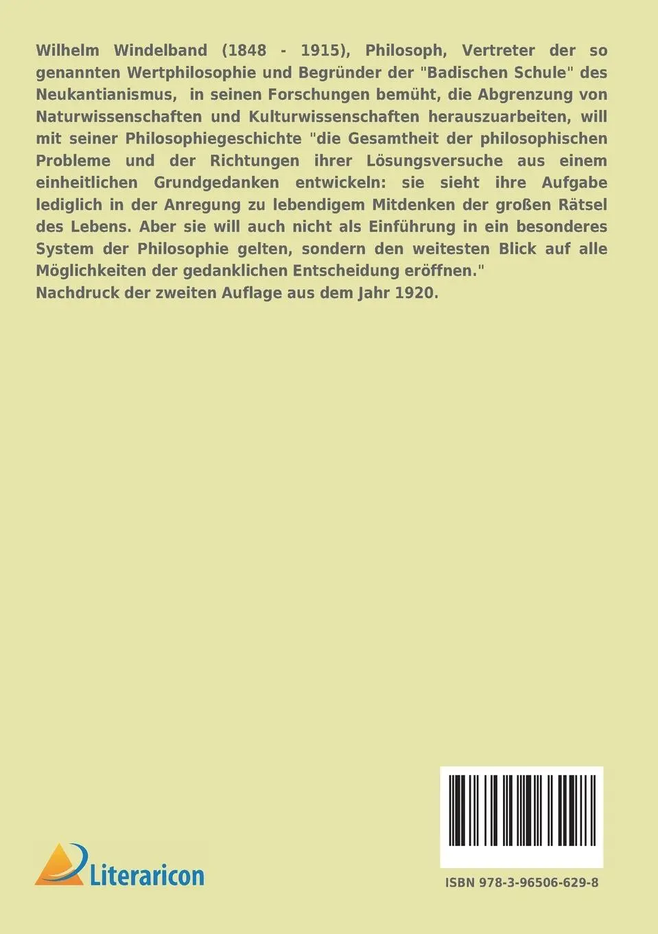 Rückseite: 9783965066298 | Einleitung in die Philosophie | Wilhelm Windelband | Taschenbuch