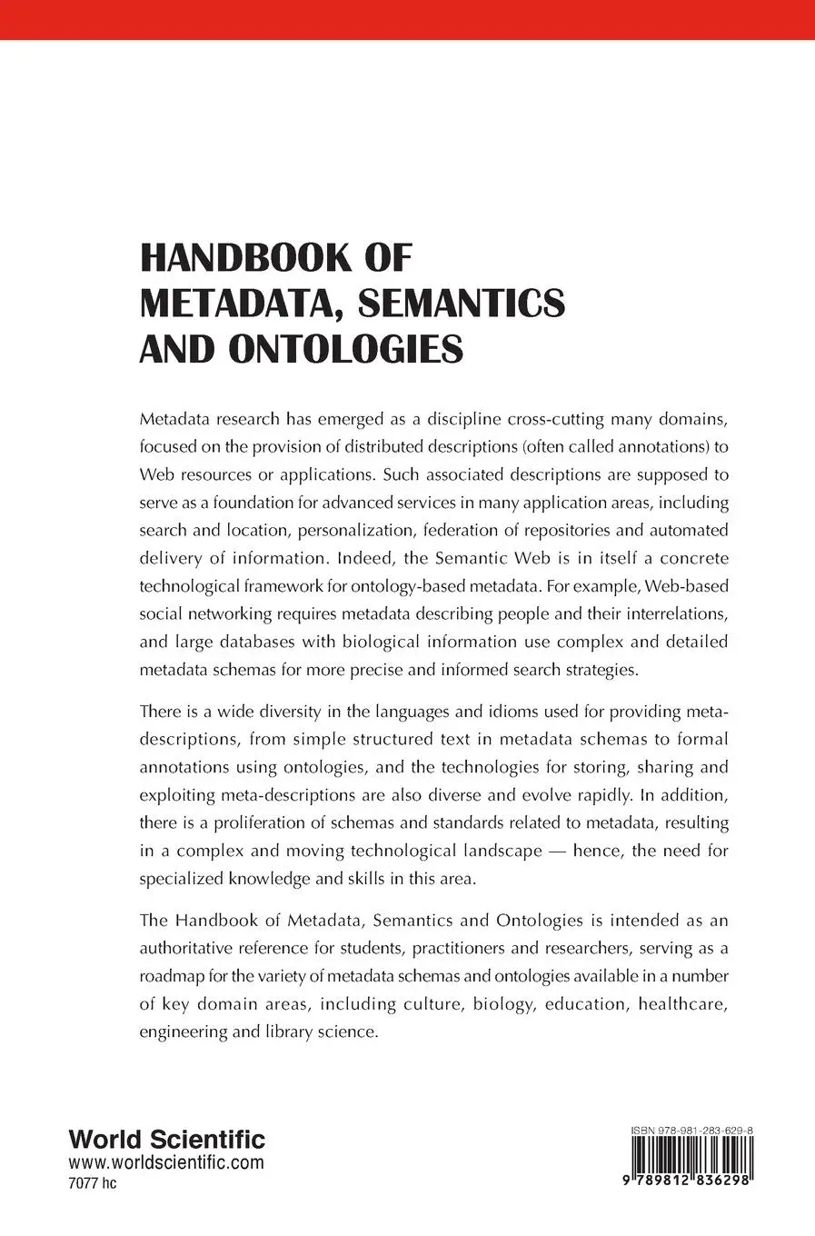 Rückseite: 9789812836298 | HANDBOOK OF METADATA, SEMANTICS &amp; ONTOLOGIES | Miguel-Angel Sicilia