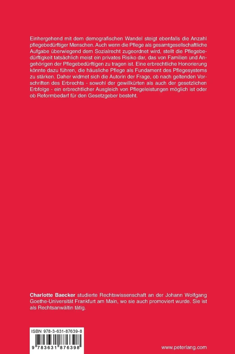 Rückseite: 9783631876398 | Die Honorierung von Pflegeleistungen durch das Erbrecht | Baecker