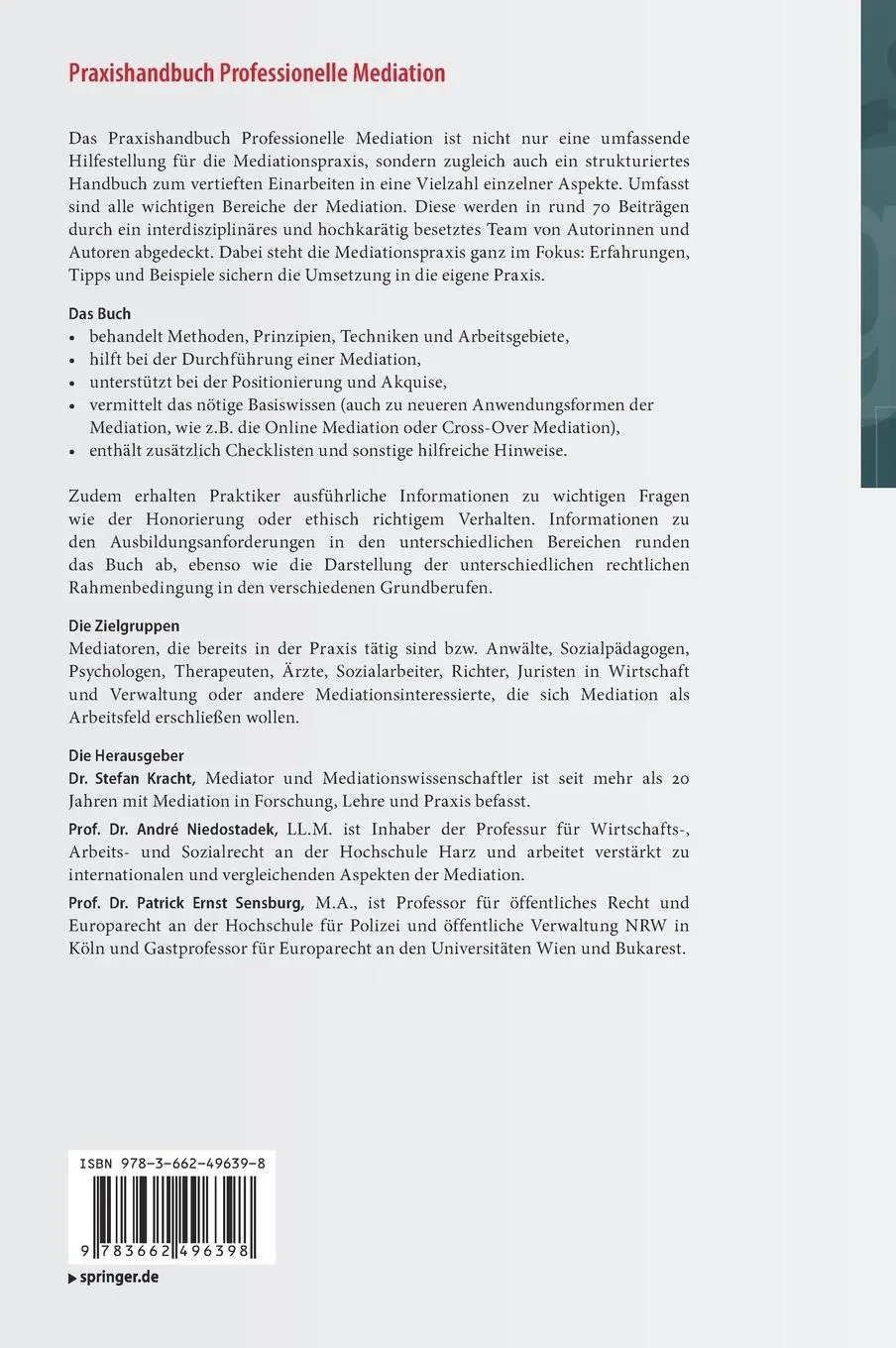 Rückseite: 9783662496398 | Praxishandbuch Professionelle Mediation | Stefan Kracht (u. a.) | Buch