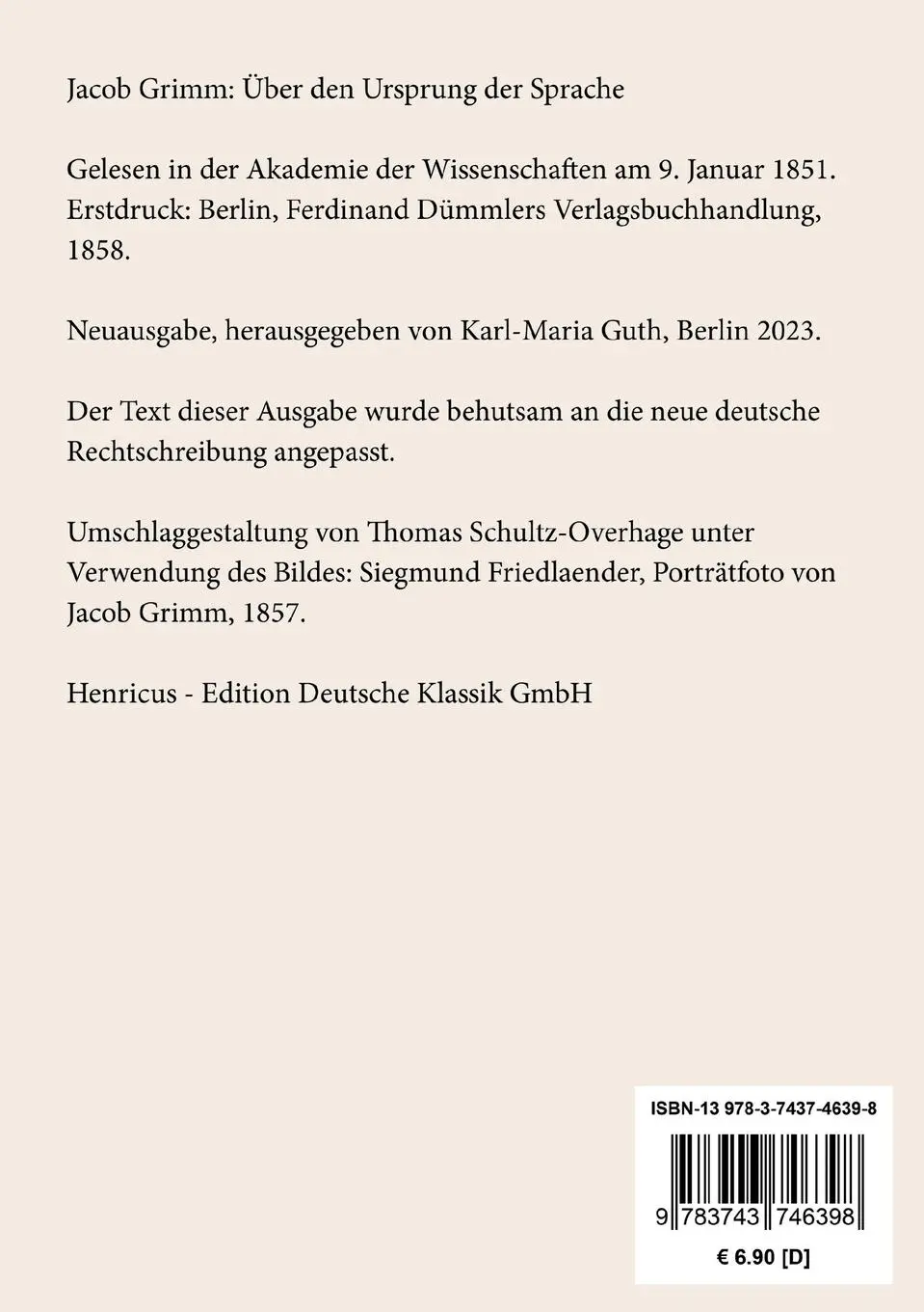 Rückseite: 9783743746398 | Über den Ursprung der Sprache | Jacob Grimm | Taschenbuch | Paperback