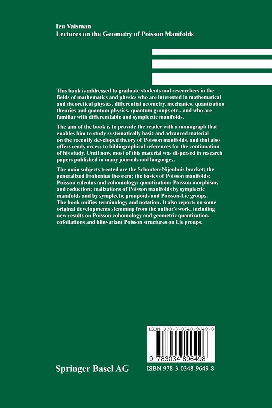 Rückseite: 9783034896498 | Lectures on the Geometry of Poisson Manifolds | Izu Vaisman | Buch