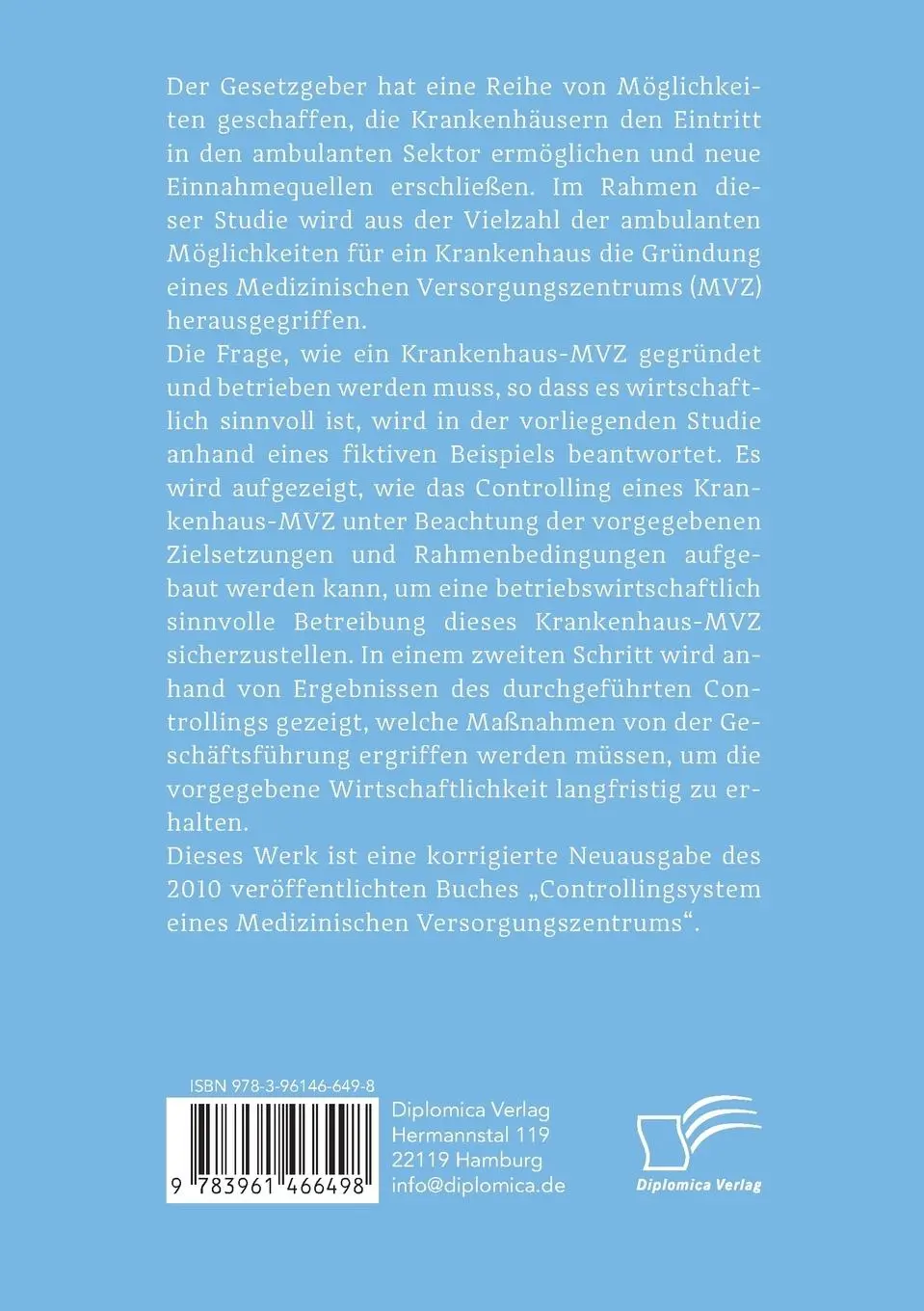 Rückseite: 9783961466498 | Controlling im medizinischen Versorgungszentrum am Beispiel eines...
