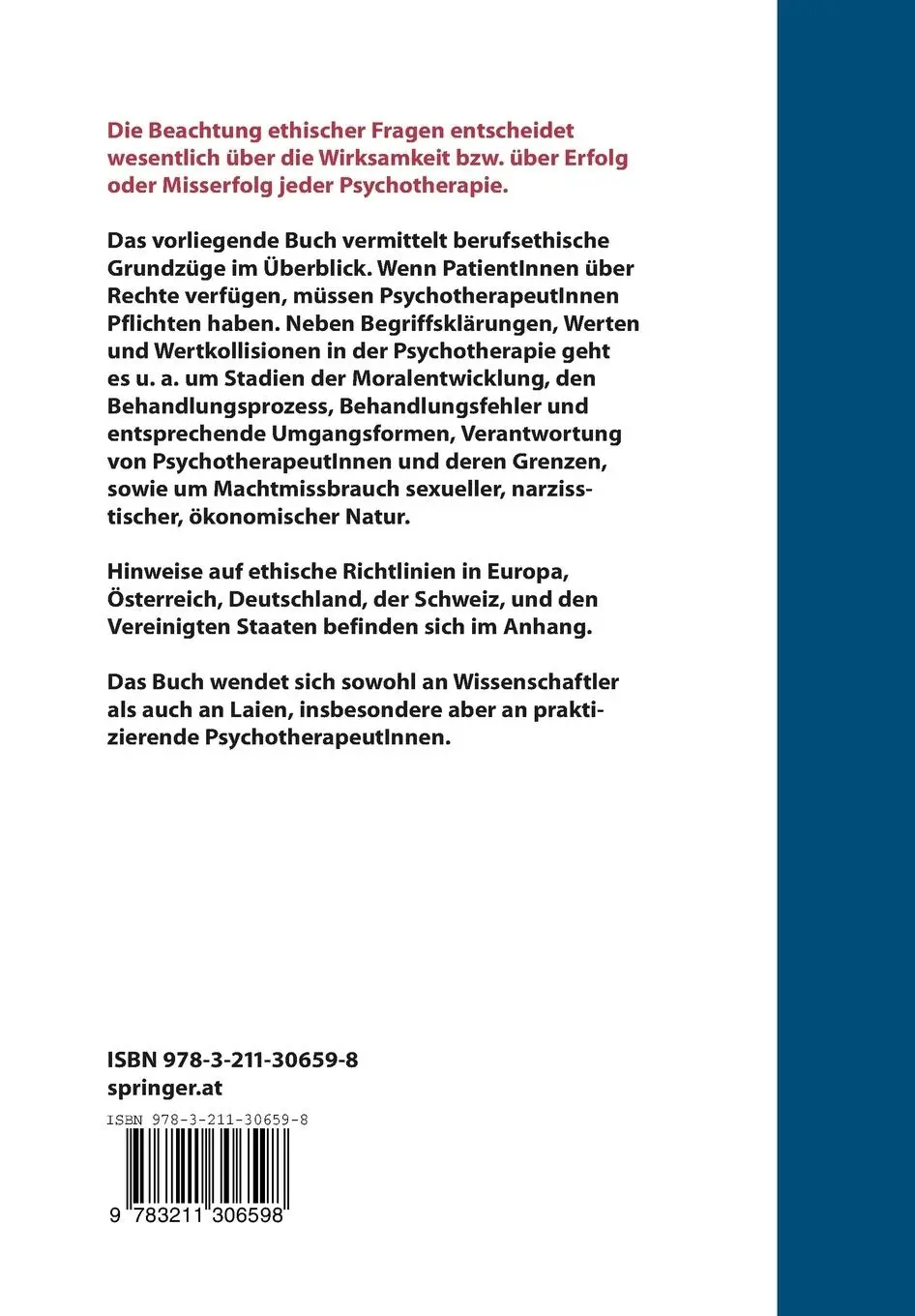Rückseite: 9783211306598 | Grundriss der Psychotherapieethik | Renate Hutterer-Krisch | Buch